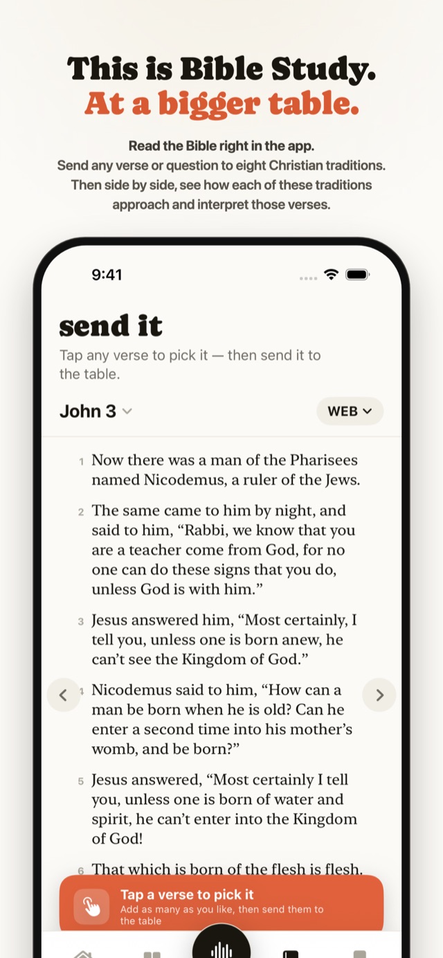 The Long Table Bible reader — tap any verse and send it to the table