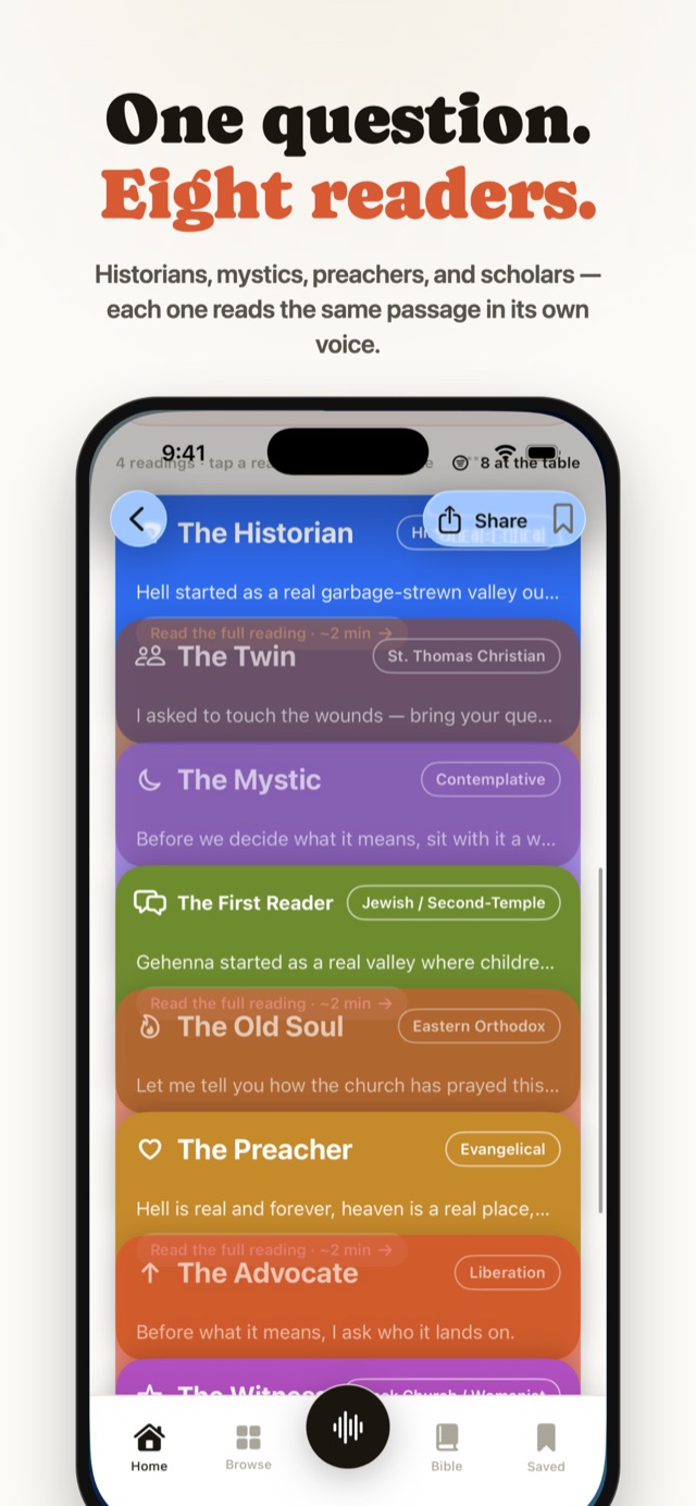 One question, eight readers — the deck of Christian traditions answering side by side