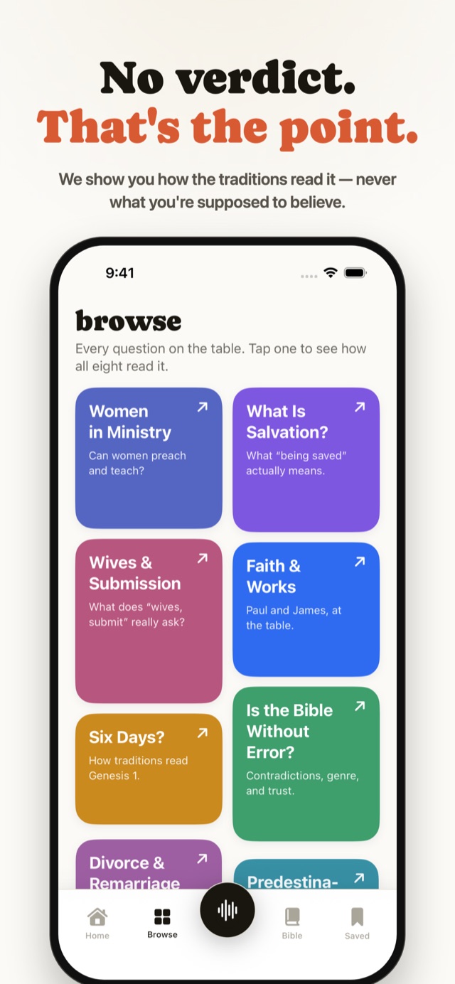 No verdict — that's the point. Browse curated questions by topic