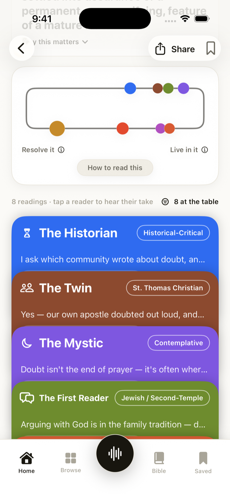 The Long Table answer screen showing eight traditions answering one question