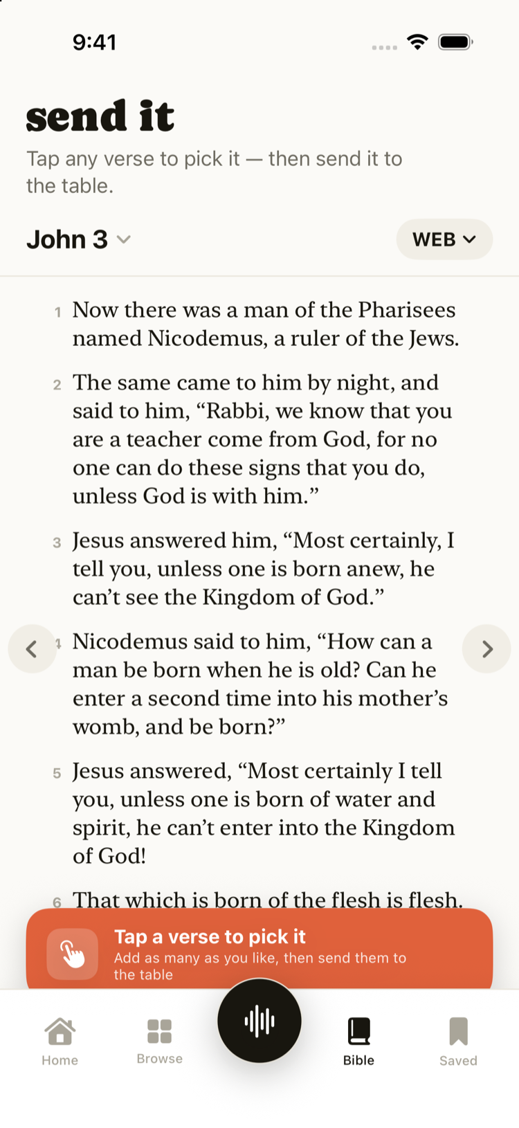 The built-in Bible in The Long Table — tap any verse and send it to the table