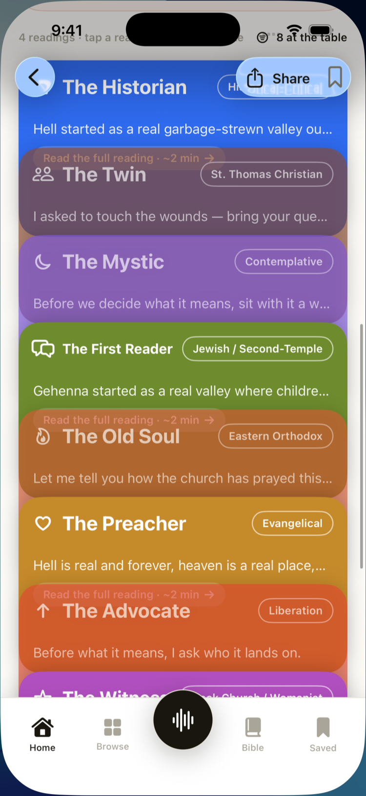 Eight reader cards in The Long Table — eight Christian interpretive traditions answering one question side by side