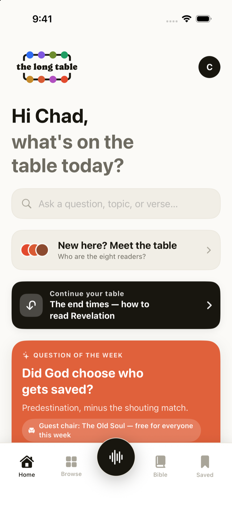 The Long Table home screen with the Question of the Week: Did God choose who gets saved?